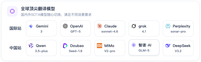 WordsTalk 多模型与高级模型翻译能力示意