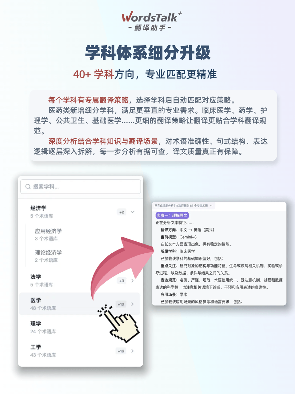 WordsTalk v1.40 专业体系升级与翻译匹配示意